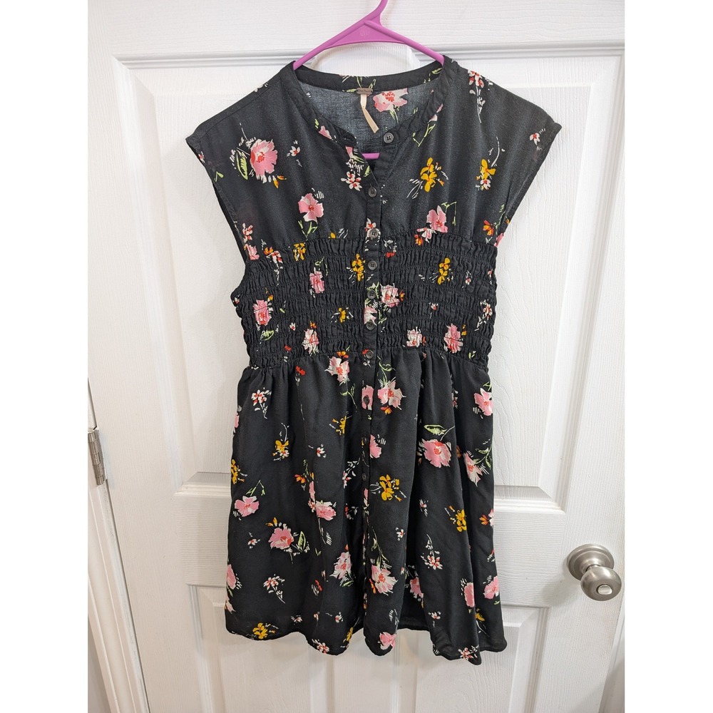 Free People Greatest Day‎ Floral Mini Dress Black Smocked Waist Boho - Size XS